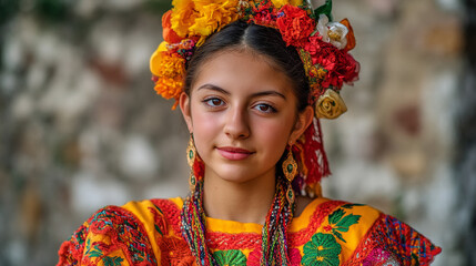 Fototapeta premium Portrait of a young woman wearing traditional mexican clothing and flower headdress