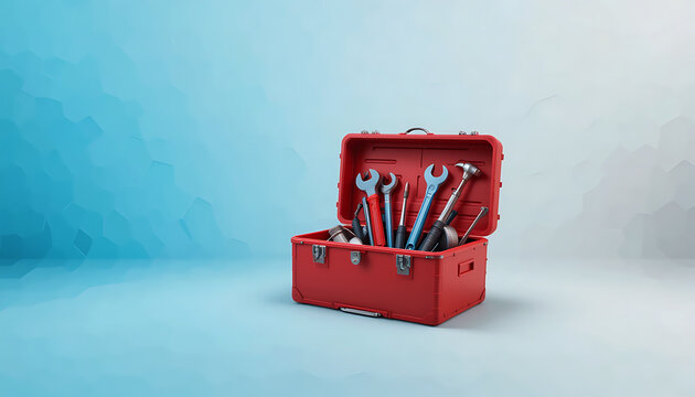 A red toolbox filled with various wrenches and tools against a blue and white gradient background