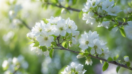 Obraz premium White blossoms on a tree branch in spring with green leaves, blooming flowers, and nature.