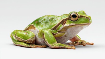 Obraz premium A green tree frog, sits curled on a plain surface, set against an off-white backdrop