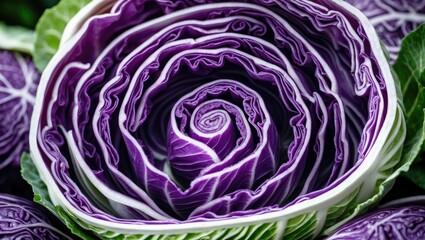 Obraz premium A cross-section of purple and white cabbage with intricate layered layers and green leaves.