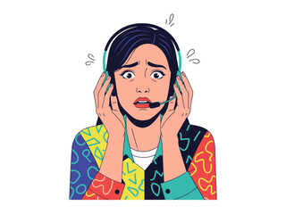Overwhelmed: A graphic illustration captures the emotional turmoil of a woman wearing a headset. Her face is contorted in a mixture of fear and shock, conveying the pressures.