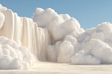 Whimsical waterfall amidst puffy clouds