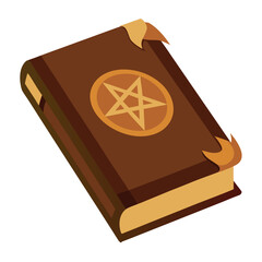 Mysterious old brown leather spell book with magical symbols and glowing elements perfect for halloween themes