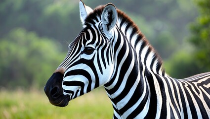Fototapeta premium Zebra with distinctive black and white stripes in a natural green background.