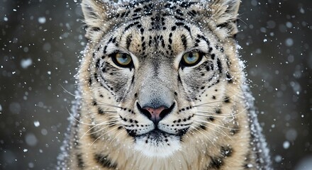 Obraz premium A majestic snow leopard stares directly into the camera as snowflakes gently fall around its face.
