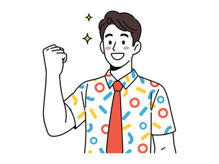 Joyful Confidence: A cheerful figure, hand clenched in a gesture of triumph and joy, exudes positivity and happiness, dressed in a trendy shirt.