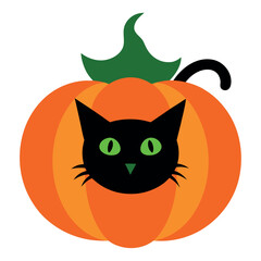 Whimsical halloween pumpkin illustration featuring a playful cat peeking out from inside the carved gourd