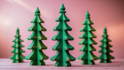 Green wooden Christmas trees on a surface with a pink background. Holiday decorations and festive decor. Winter and seasonal celebration theme.