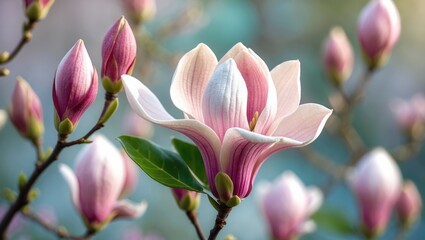 Fototapeta premium Magnolia flower in bloom with pink and white petals and green leaves. Springtime blooming plant. Nature and floral beauty. The concept of floral garden and growth.