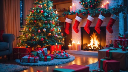 A cozy Christmas scene with a decorated tree, stockings hanging by the fireplace, wrapped presents, and a warm fire in a festive living room.