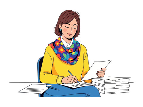 Crafting Insights: An individual diligently focuses on their work, penning down thoughts amidst a pile of documents, creating a portrait of concentration.