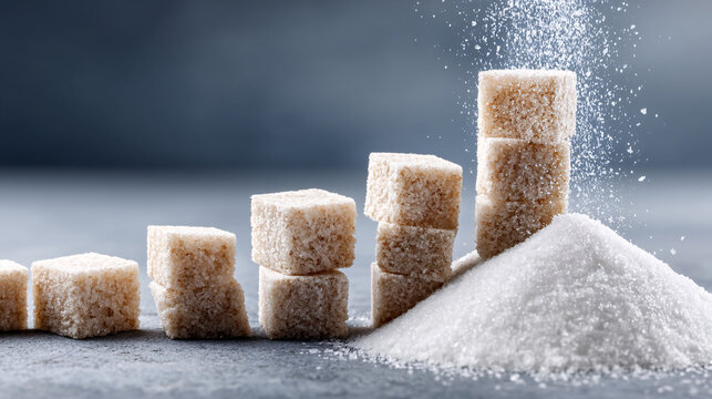 Sugar Cube Stacks & Granulated Sugar Concept Image for Sugar Consumption, Health, and Diet