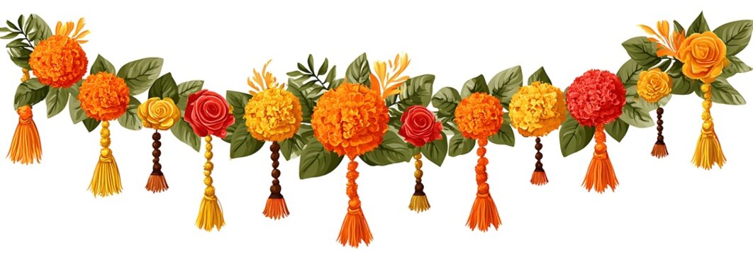 A long garland made of marigolds and leaves hanging on the wall with white background - Powered by Adobe