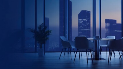 Fototapeta premium Modern office interior with a round table and chairs, city skyline visible through large windows at dusk