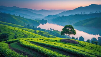 Obraz premium Lush green tea plantations on rolling hills overlooking a river valley at sunrise, with misty mountains in the background.