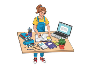 Student at study desk: Young student surrounded by educational tools, engrossed in studies, illustrating the pursuit of knowledge and academic exploration.