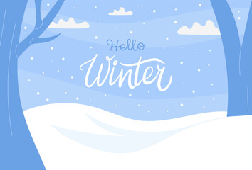 Snowy winter landscape with copy space for text and festive lettering. Vector background for greeting cards, posters, social media banners
