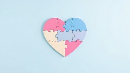 Heart-shaped puzzle on a light blue background, symbolizing autism awareness with soft overhead light.