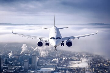 Naklejka premium Aircraft soaring above a cityscape with clouds and pollution in the morning light