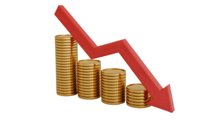 Stacks of gold coins with a red arrow pointing downwards indicating financial loss and economic decline
