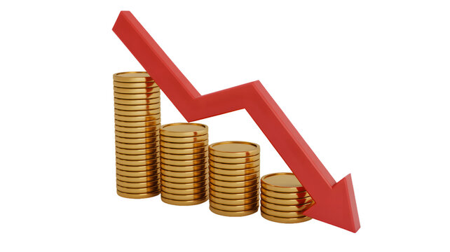 Stacks of gold coins with a red arrow pointing downwards indicating financial loss and economic decline