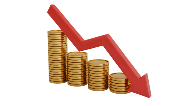 Stacks of gold coins with a red arrow pointing downwards indicating financial loss and economic decline