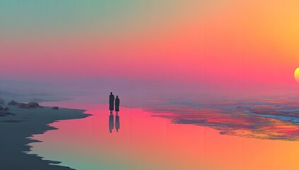 Two figures walk a beach at sunset, reflected in a vibrant, colorful body of water