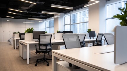 Fototapeta premium Modern office interior showcasing empty workstations with greenery and bright natural light streaming in