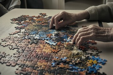 Hands putting together a colorful puzzle at a senior center in the afternoon light