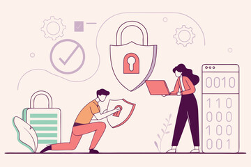 Cybersecurity team protecting data with digital shields and binary code