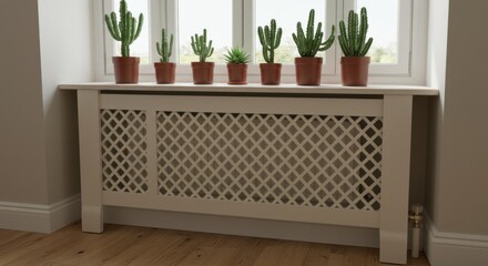 Close up of decorative minimalist white radiator cover adorned with various green potted plants
