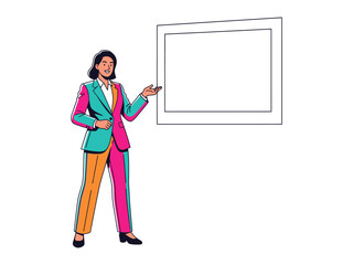 Presentation: A confident woman in a colorful suit stands beside a blank board, ready to explain her message in a colorful background.