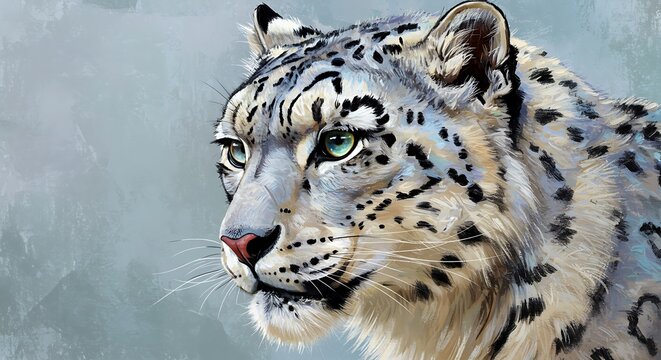 A close-up digital painting of a snow leopard's head, showcasing its distinctive spotted coat and piercing green eyes against a soft, muted background.