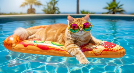 A stylish ginger cat enjoys a blissful summer day, lounging on a fun pizza slice float in a sparkling blue swimming pool while wearing cool sunglasses under the bright sun.