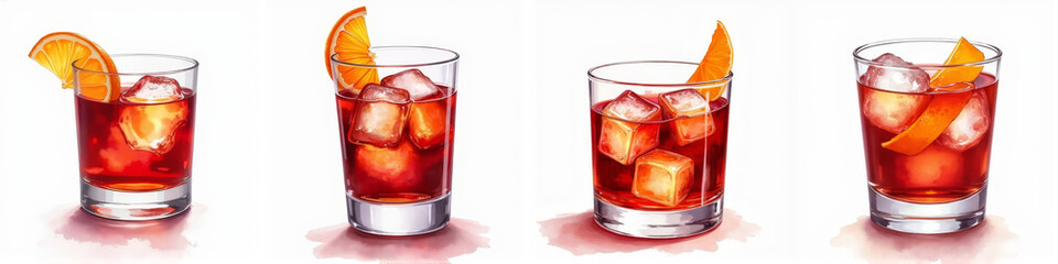 Watercolor illustration set of Negroni cocktail in a rocks glass with orange peel, bold bitter-sweet drink, deep red and gold tones, isolated, sophisticated aperitivo concept
