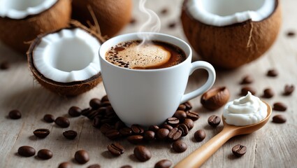 A hot coffee in a white cup with coconut halves, coffee beans, and cream on a wooden surface. Beverages and ingredients, cozy drink, and tropical elements.