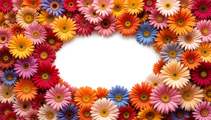 Obraz premium A vibrant array of gerbera daisies framing a blank white space in an oval shape arrangement