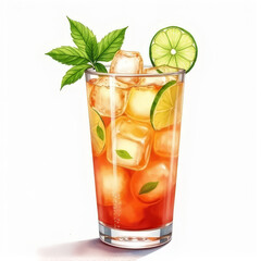 Fototapeta premium Refreshing cocktail in a tall glass with lime and mint, vibrant watercolor illustration, soft brush strokes, isolated