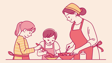 Mother and children cooking together in the kitchen
