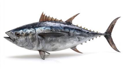 Isolated bluefin tuna fish against white. A sleek, powerful-looking marine predator