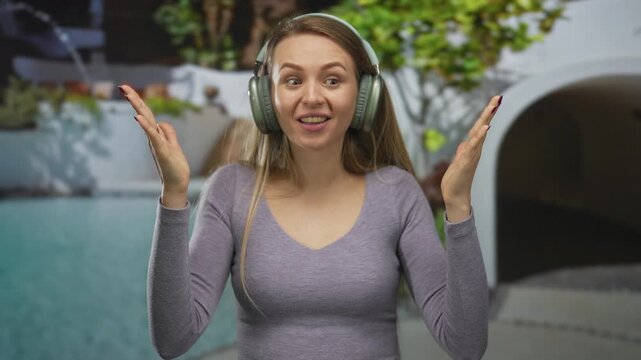 Young woman wearing headphones shows surprise in an outdoor resort pool setting, capturing a fun and joyful moment.