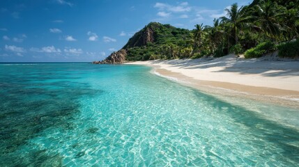 Fototapeta premium Tropical beach, turquoise water, island, palm trees, sunny day, vacation