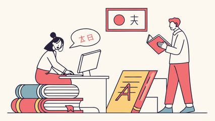 People learning japanese language with books and computer