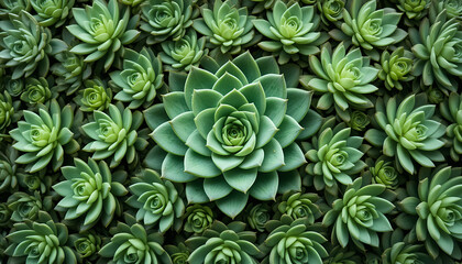 Obraz premium Close up of a collection of green echeveria succulents arranged in a dense and symmetrical pattern
