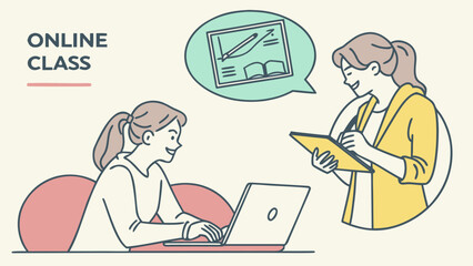 Two women in an online class with a laptop and tablet