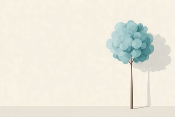 Stylized tree with soft blue translucent circles forming foliage on cream background with long shadow for abstract natural concept