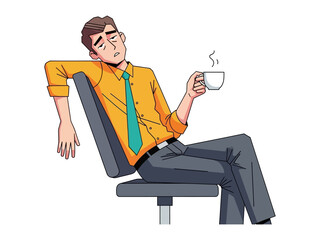 Coffee Break Weariness: A casually dressed individual, exuding fatigue, reclines in an office chair, clutching a steaming cup of coffee. A relatable image of work life exhaustion.