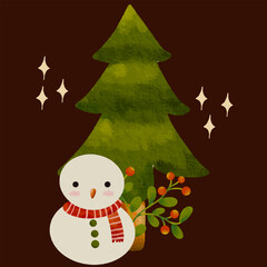 Cute watercolor snowman and Christmas tree illustration. Watercolor painting of a smiling snowman with a Christmas tree and festive berries on a dark background, great for cards