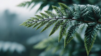 Naklejka premium Serene beauty: Close-up of fern frond with dew drops on a foggy backdrop